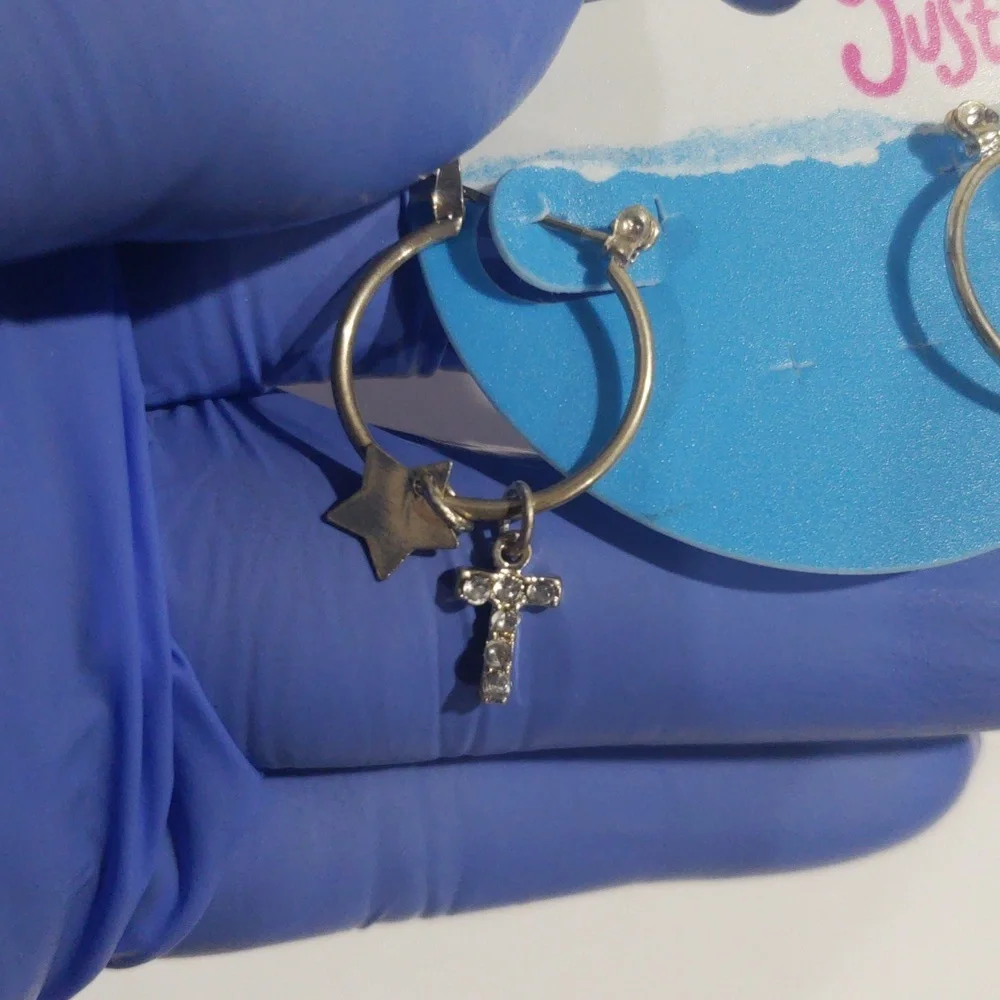 Justice Silver-tone Hoop Earrings Sparkling Cross & star-shaped charms - Girls